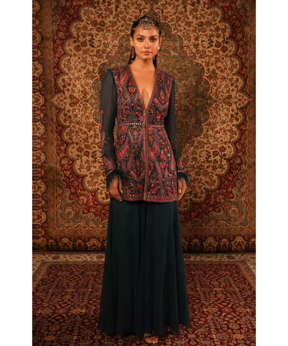 ADITI GUPTA - Teal Jamawaar Kurta Sharara Set
